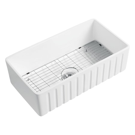 Kingston Brass 30-Inch Ceramic Apron-Front Single Bowl Farmhouse Kitchen Sink with Bottom Grid and Strainer GPKF301810