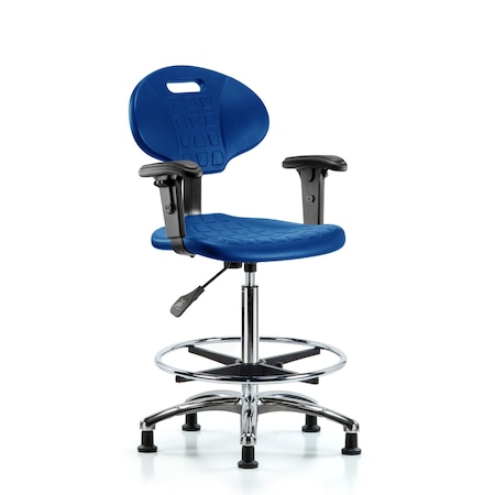 Blue Ridge Ergonomics Erie Poly Chair Chrome, High Bench, Foot Ring, Arms, Glides, Blue BR-TPHBCH-CR-A1-CF-RG-BLU