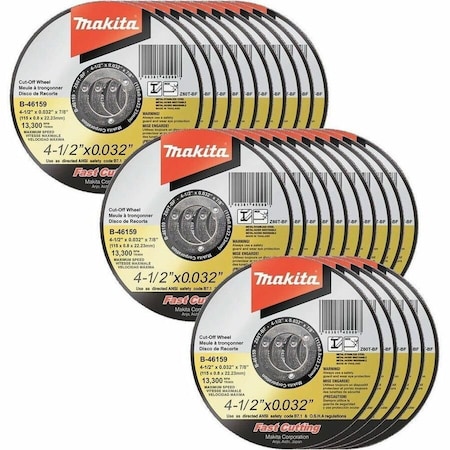 Makita Cut Off Wheel, Type 1, 4.5 in Dia, .032 in Thick, 7/8 in Arbor Hole Size, Zirconia Aluminum B-46159-25