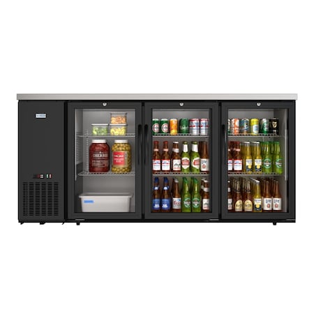 Koolmore 72 In. Commercial Back Bar Cooler in Black With Side Condenser and LED Lighting, 18 Cu. Ft Capacity KM-BC-3GD-SCBK