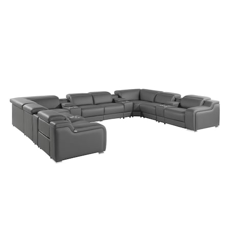 Homeroots Dark Gray Italian Leather Power Reclining U Shaped Twelve Piece Corner Sectional With Console 632556