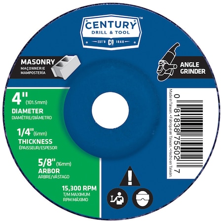 Century Drill & Tool Grinding Wheel, 4x1/4 in., Type 27, Type 27, 4 in Dia, 1/4 in Thick, 5/8 in Arbor Hole Size 75502