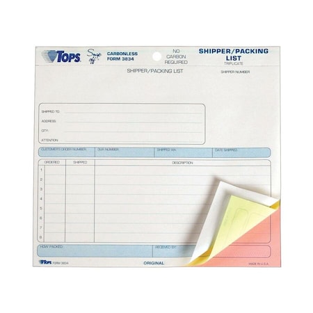 Tops Products TOPS, Snap-Off Shipper/packing List, 8 1/2 X 7, Three-Part Carbonless, 50 Forms 3834