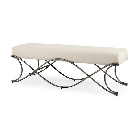 Homeroots 55" Cream and Nickel Fabric and Metal Upholstered Bench 606735