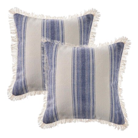 Homeroots Set of Two 18" Blue and Cream Cotton Throw Pillows with Fringe, 2PK 554604