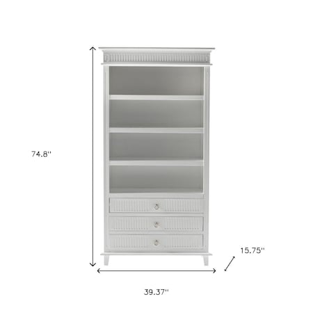 Homeroots Antiqued White Solid Wood Four Tier Bookcase with Three Drawers 523197