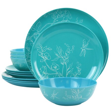 Martha Stewart 12 Piece Leafy FLoral Melamine Dinnerware Set in Turquoise 129264.12