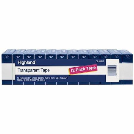 3M Transparent Tape, 0.75in W x 28yd L, PK12 5910K12