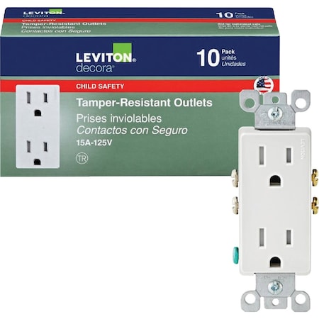 Leviton Decora 15A Wht Tamper Resistant 5-15R Duplex Outlet, 10PK M22-T5325-WMP