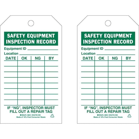 Brady Tag SAFETY EQUIPMENT INSPECTION RECORD Polyester 7x4 Green on White 10/PK, 10PK 86612