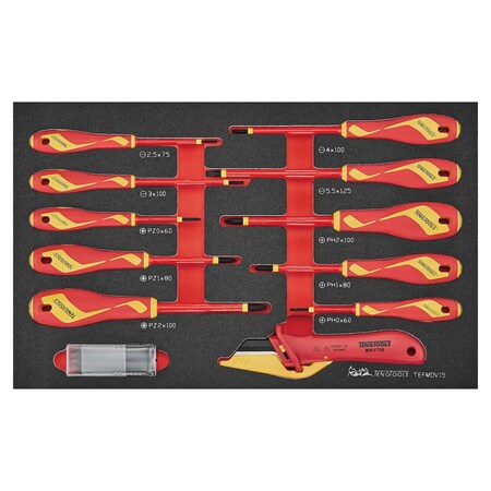 Teng Tools 15 Piece 1000 Volt Insulated Slotted, PH, PZ Screwdriver & Knife EVA Foam Tool Tray - TEF TEFMDV15