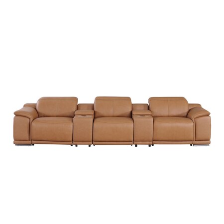 Homeroots 134" Chestnut Italian Leather Reclining Metal USB Sofa 720295