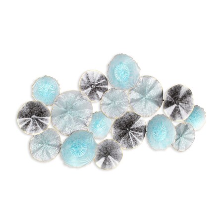 Homeroots 24" X 44" Aqua Charcoal And Silver Abstract Metal Round Discs Hanging Dimensional Sculpture 634062