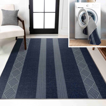 Jonathan Y Nautisk Trellis Stripe Non-Slip Machine-Washable Navy/Gray 4 ft. x 6 ft. Area Rug WSH120A-4