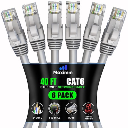 Maximm Cat6 Ethernet Cable 40ft 10Gbps 550MHz UTP, 6PK, Gray, 6PK CAT6CCA-40GR-6PK