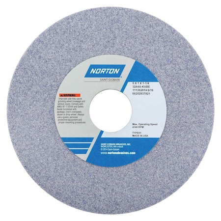 Norton 32A STRAIGHT TOOLROOM WHEEL, 6 IN DIA X 1 IN THK, 1 .25 CENTER HOLE, 60 GRIT 66252837921