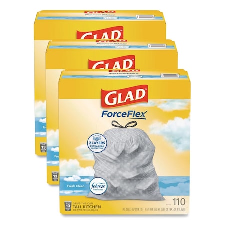 Glad ForceFlex Tall Kitchen Drawstring Trash Bags, 13 gal, Fresh Clean Scent, 10.19 x 9.81, Gray, 330PK 78563