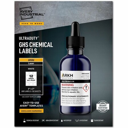 Avery Dennison Avery GHS Chemical Waterproof & UV Resistent Labels, Laser, 2in x 2in, 600/Box 60506