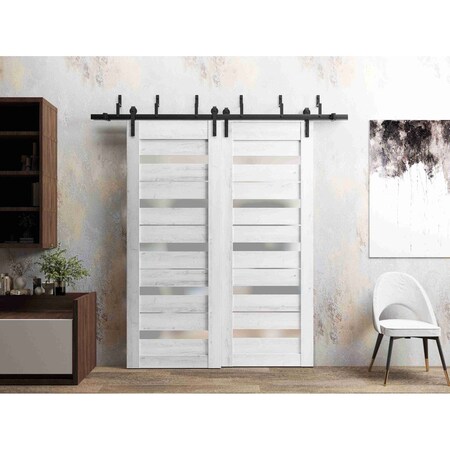 Sartodoors Sliding Closet Barn Bypass Doors 36 x 80in, Nordic White W/ Frosted Glass, Sturdy 6.6ft Rails QUADRO4445BBB-NOR-36