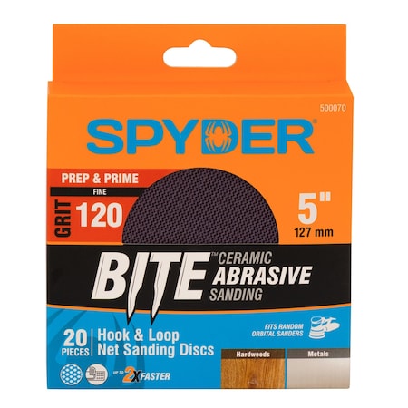 Spyder 5-Inch 120 Grit Ceramic Net Hook and Loop Sanding Discs, 20PK 500070