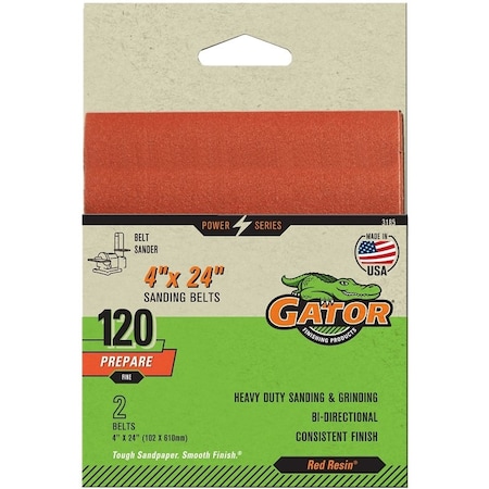 Gator Sanding Belt, 4 in W, 24 in L, 120 Grit, Fine, Aluminum Oxide Abrasive 3185