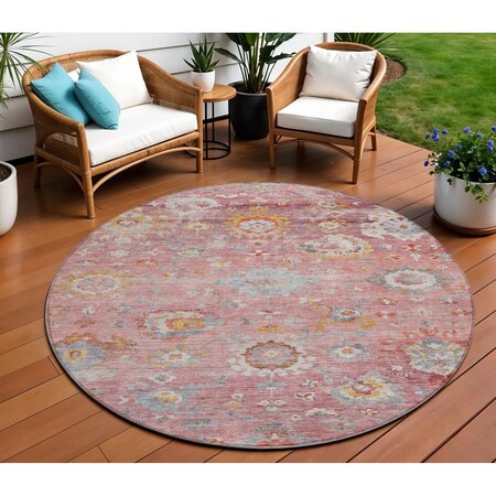 Homeroots 8' Pink Gray And Gold Round Floral Washable Indoor Outdoor Area Rug 604086