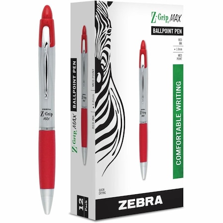 Zebra Pen Zebra Z-Grip Max Retractable Pen, 1.0mm, Silver Barrel, Red Ink, Dozen 22430