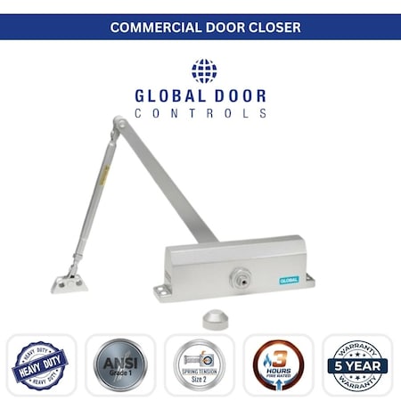 Global Door Controls Commercial Grade 3 Door Closer in Aluminum, Size 2, TC2200 Series TC2202-AL