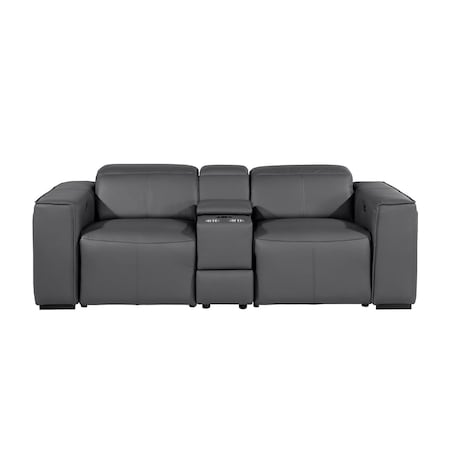 Homeroots 90in Dark Gray and Brown Italian Leather Power Reclining Loveseat With Storage 720557