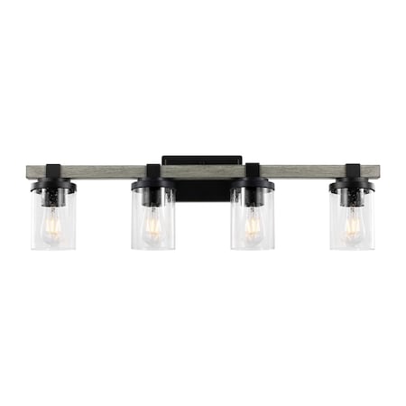 Jonathan Y Bungalow 32" 4-Light Iron/Seeded Glass Rustic Farmhouse LED Vanity Light, Black/Gray Oak Wood Finish JYL7510B