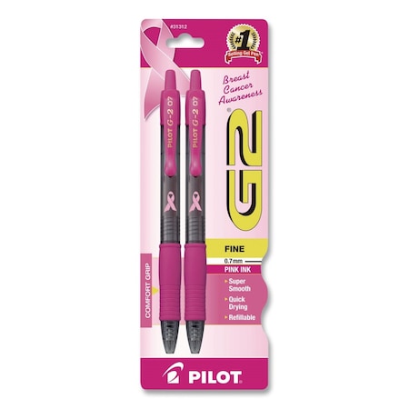 Pilot G2 Premium Breast Cancer Awareness Gel Pen, Retractable, Fine 0.7 mm, Pink Ink, 2PK 31312