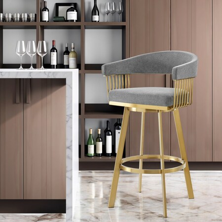 Homeroots 30" Gray and Gold Fabric and Stainless Steel Low Back Bar Height Swivel Bar Chair 569149