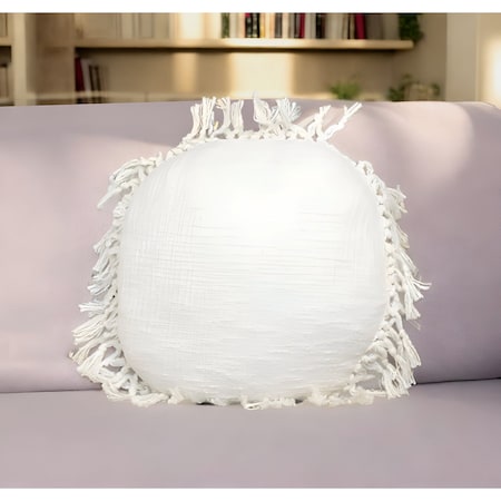 Homeroots 18" X 18" White Round Cotton Throw Pillow with Fringe 529236