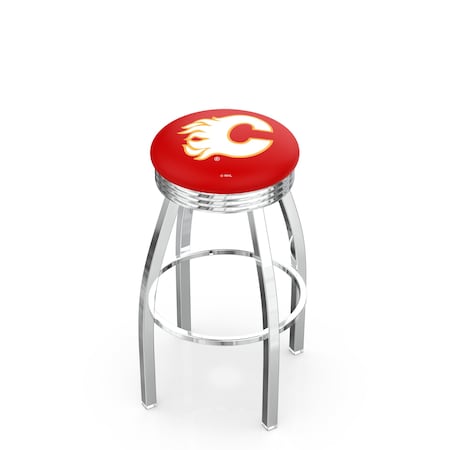 Holland Bar Stool Co 25" Chrome Calgary Flames Swivel Bar Stool, Accent Ring L8C3C25CalFla