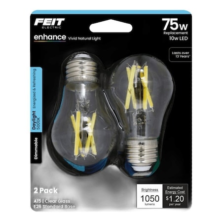 Feit Electric /2/RP LED Bulb, A15 Lamp, 75 W Equivalent, E26 Lamp Base, Yes, Clear, Daylight, 2PK BPA1575950CAFIL