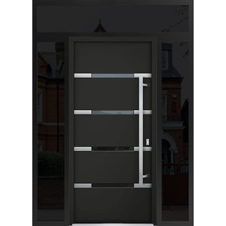 Vdomdoors Steel Door Deux 1105 Black Enamel 2 Sidelight and Transom Window Sidelite Stainless Inserts Entry D DEUX1105EXD-BLK-W12+36+12xH80+16-LH-O