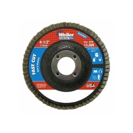 Weiler Vortec Pro Abrasive Flap Disc, 4-1/2 in x 7/8 in, Flat, Phenolic Backing, 10PK 804-31403