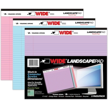 Roaring Spring Legal Pad, Landscape, Orchid/Blue/Pink, 3 Per Pack, PK2 74535