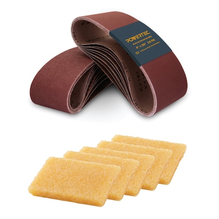 Powertec Sanding Belt Assortment, 4in W, 36in L, 3EA of 60/80/120/150/240/400 Grit, 18PK & 5PK Rubber Eraser 11011-7N