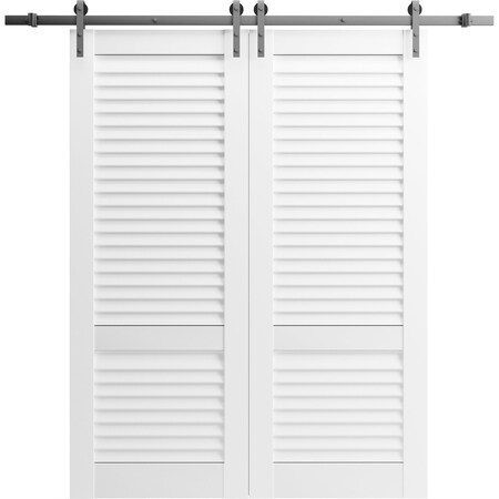 Sartodoors Double Barn Door 48 x 96 inches, Louver 3388 White Silk, 13FT Silver Rail Track Set, Louvered Int LOUVER3388DB-S-WS-72