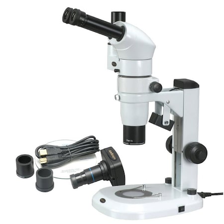 Amscope PM240 Zoom Trinocular Stereo Microscope 8X-80X on Track Stand w/Common Main ObjectiveCMO and 5MP PM240T-5M