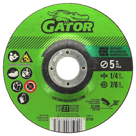 Gator Finishing 5 in. X 1/4 in. X 7/8 in. Masonry Cut-Off Wheel, Type 27 9758