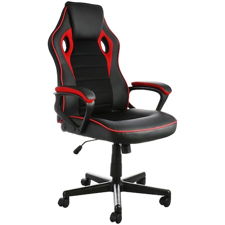 Elama High Back Adjustable Faux Leather Office Chair with Mesh and Fabric in Black and Red Trim ELM-F-004