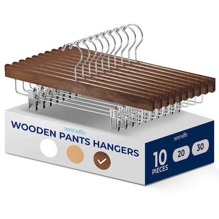 Serenelife Skirt and Pant Hanger with Adjustable Non-Slip Steel Clips, Premium Wooden, 360 degrees, 10PK SLWPHBR10