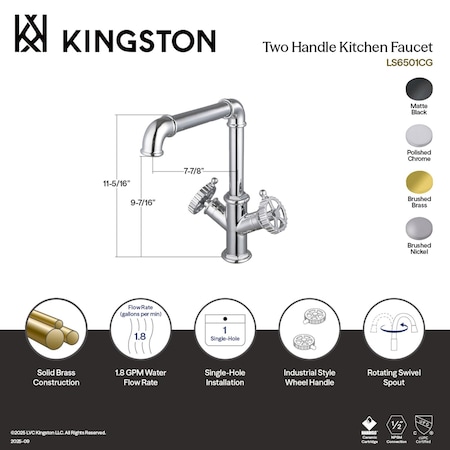 Kingston Brass Two-Handle Single-Hole Kitchen Faucet, Matte Black LS6500CG
