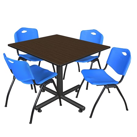 Regency Square Kobe Breakroom Table W/ 4 M Stack Chairs, 48 in W, 48 in L, Neo Walnut TKB4848NW47BE