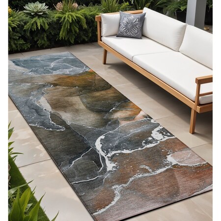 Homeroots 8' Runner Orange Abstract Washable Non Skid Indoor Outdoor Runner Rug 559461