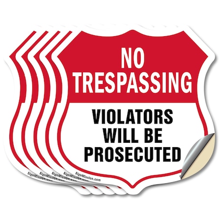 Signmission No Trespassing Shield Sign Violators Wil, 4 inch X 4 inch, Vinyl Decal, 5PK SHI-D-5PACK-4-418