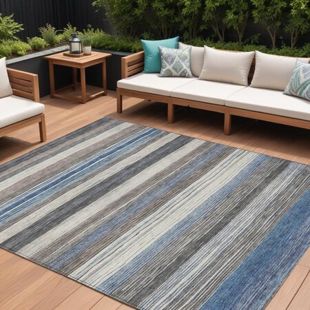 Homeroots 9' X 12' Denim Blue Beige And Taupe Striped Washable Indoor Outdoor Area Rug 618260