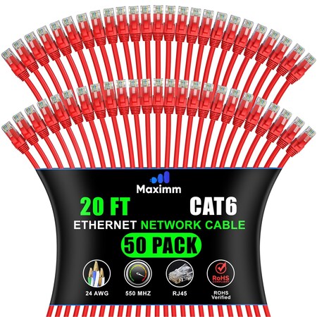 Maximm Cat6 Ethernet Cable 20ft 10Gbps 550MHz UTP, 50PK, Red, 50PK CAT6CCA-20RD-50PK
